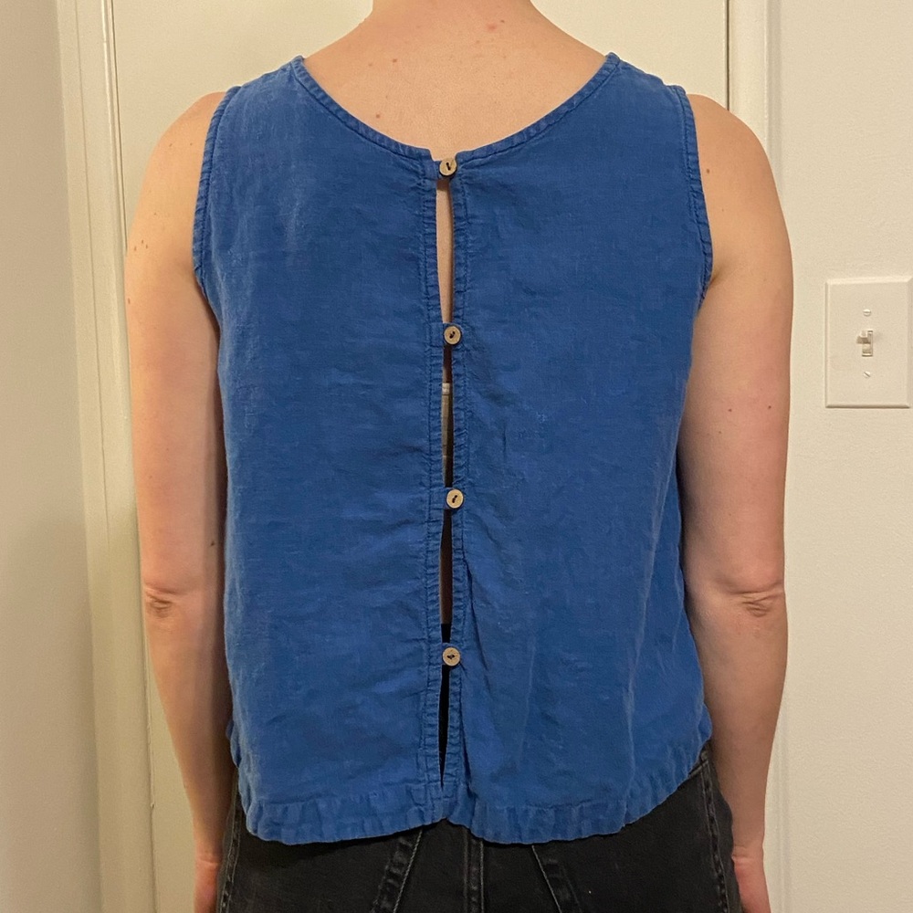 Cobalt Blue Linen Button-Back Top